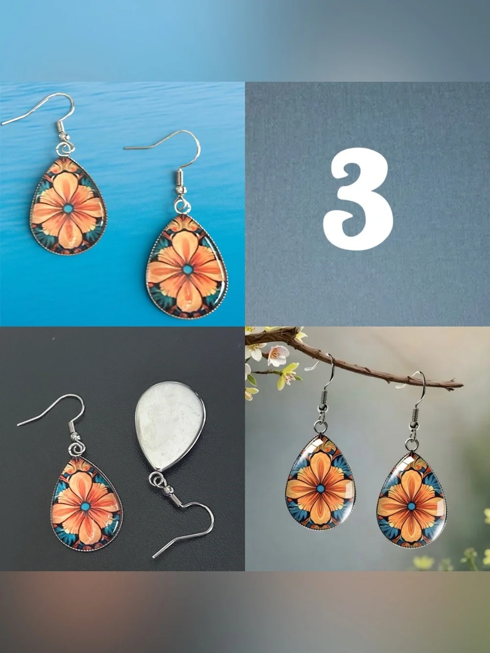 Glass Dome Teardrop Dangle Earrings Floral & Abstract Watercolor Cabochon Design